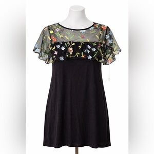 Beautiful black blouse - Meri Skye sheer mesh yoke, colorful floral embroidery 🌸